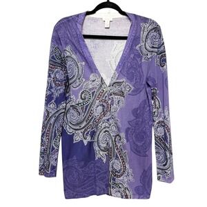 Chicos Size 1 Boho Chic Purple Paisley Cardigan Womens Medium Artsy Eclectic